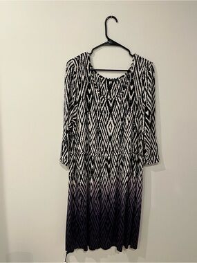 Tart Ikat Print B&W and Purple Scoop Neck Ombre Dress with Long Sleeves Size 2X